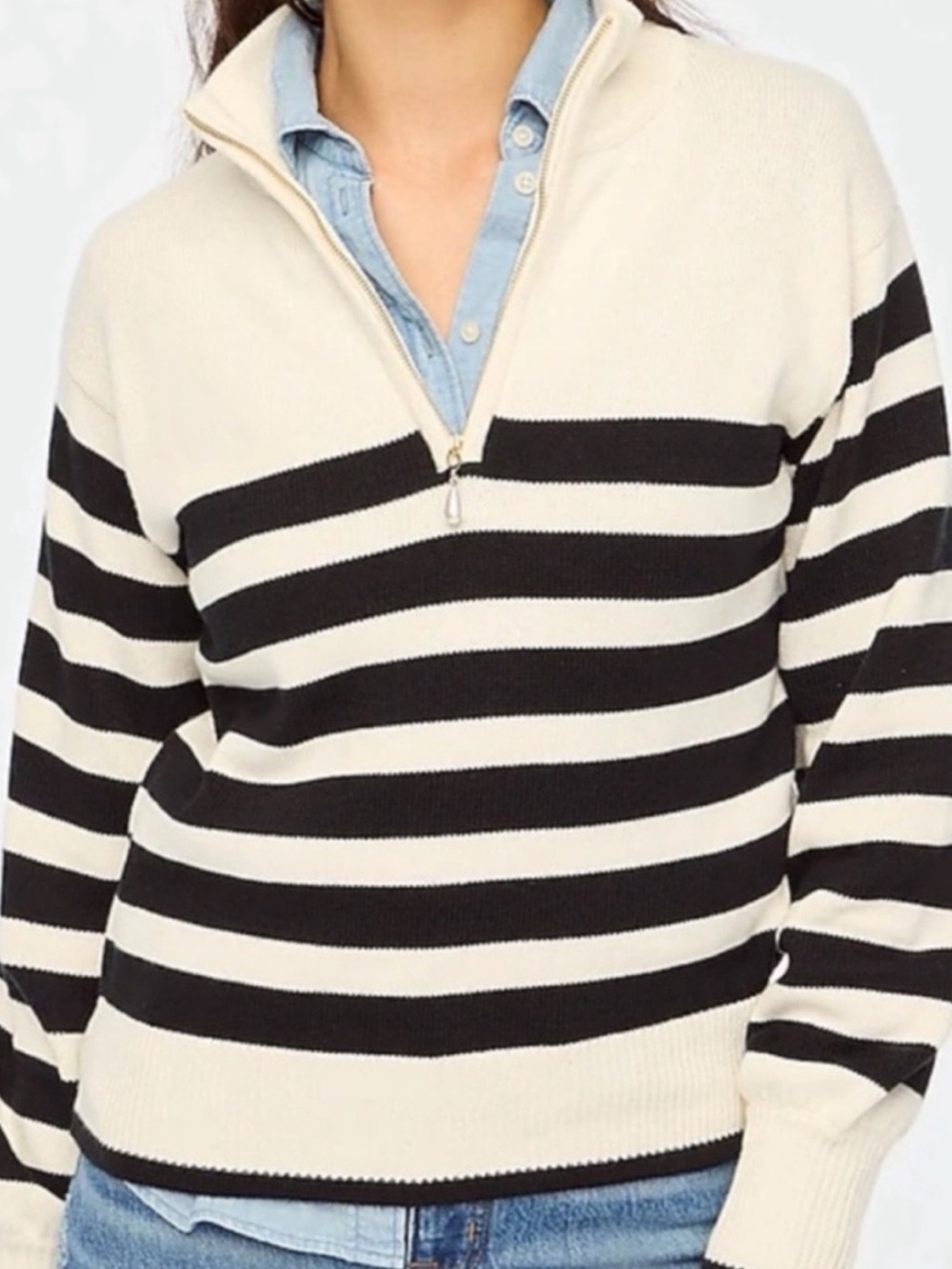 J. Crew Women’s Black and Cream Striped Half-Zip Pullover Sweater Medium M